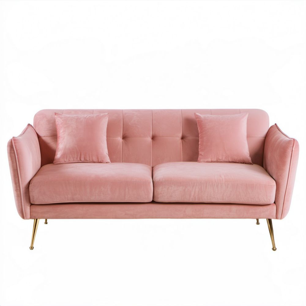 Trzyosobowa sofa różowa z aksamitną tapicerką i złotymi nogami, 200 × 85 × 85 cm