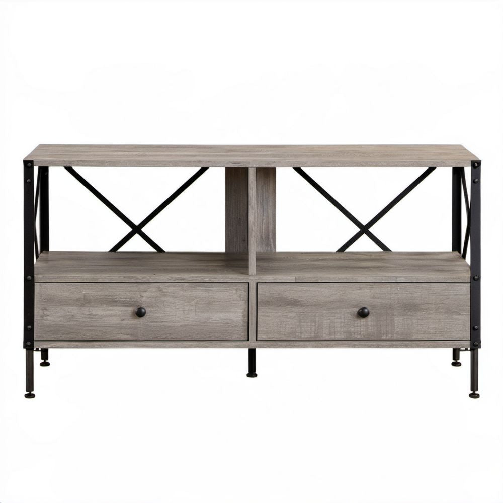 Prostokątna szafka RTV z drewnianym dekorem i czarną stalową ramą, 120 x 40 x 65 cm