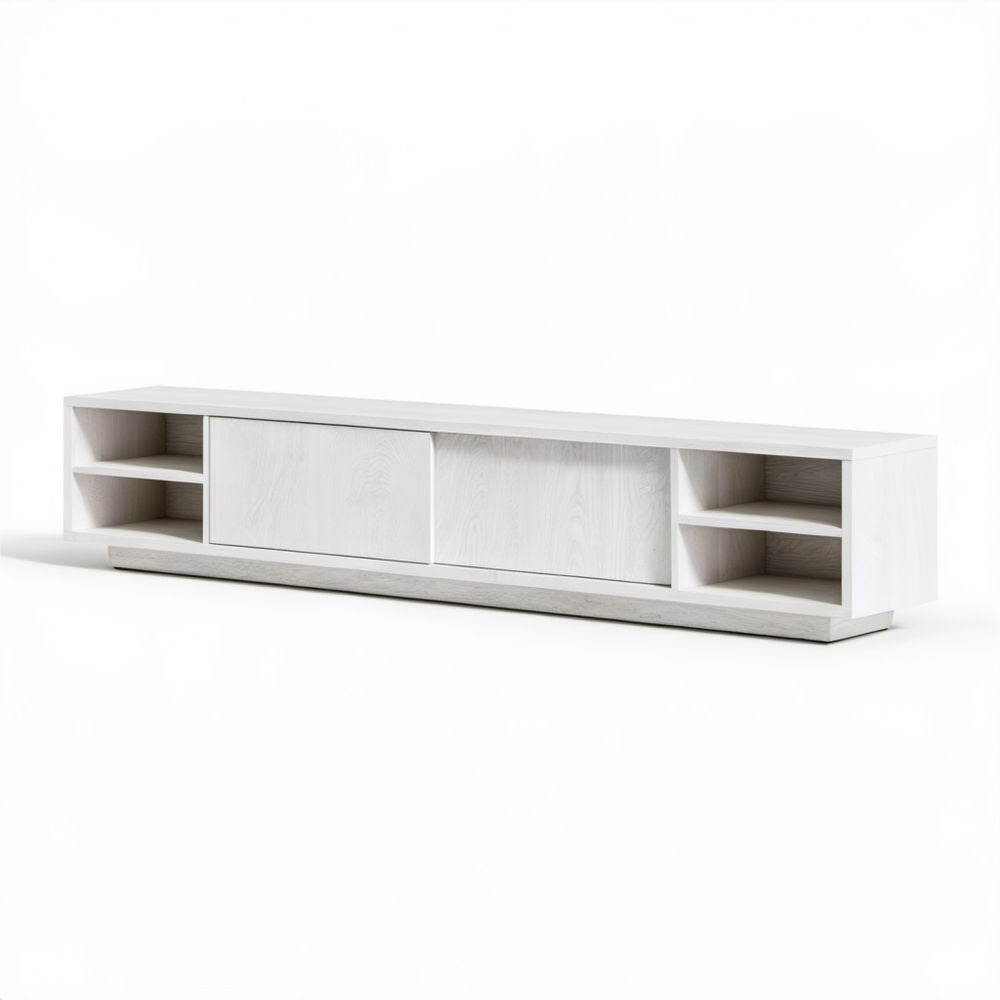 Biała szafka RTV z płyty MDF 180 × 40 × 45 cm, 2 drzwi przesuwne i 4 otwarte półki