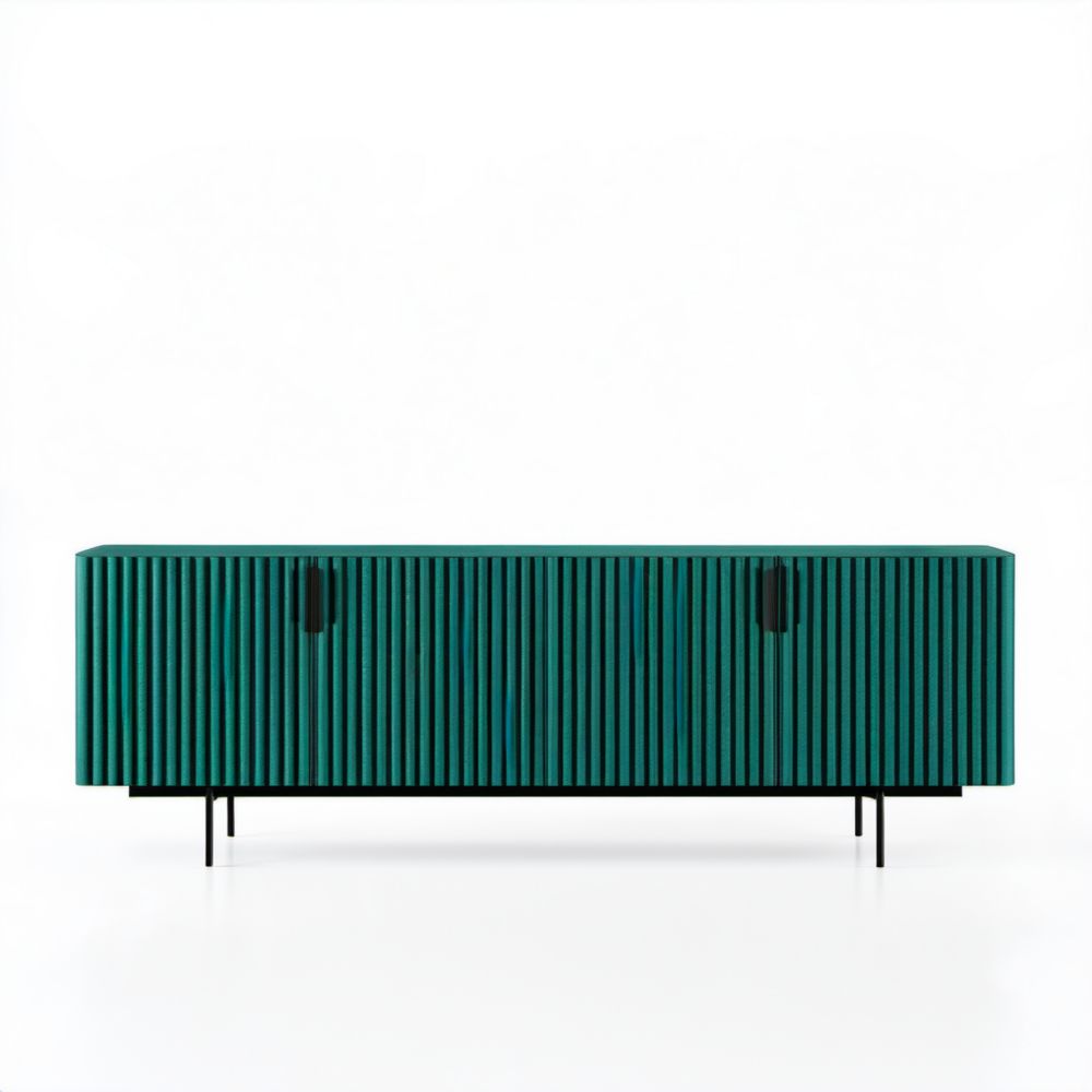 Zielony drewniany kredens z ryflowanymi frontami i czarnymi metalowymi nóżkami 180 x 40 x 75 cm