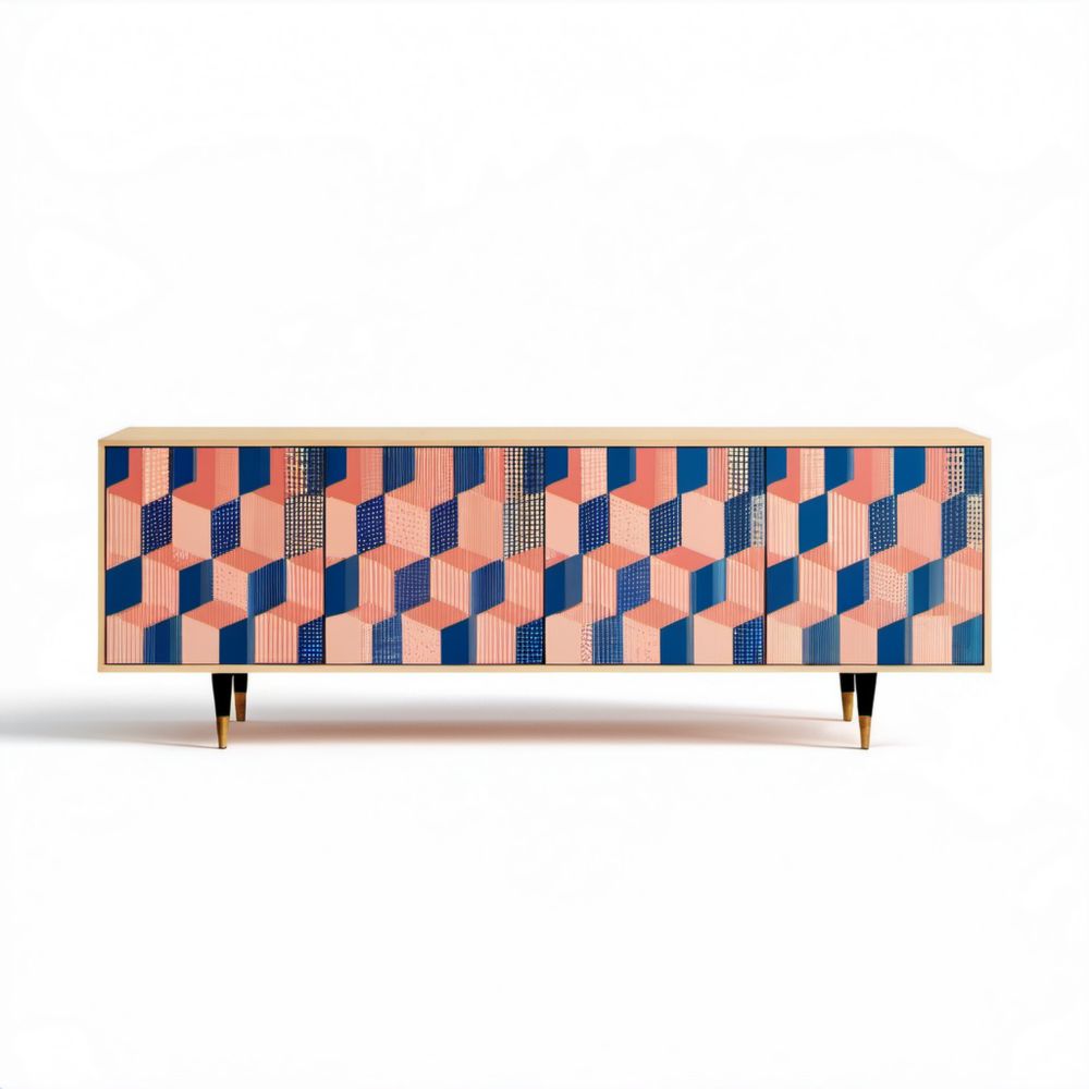 Kredens 4-drzwiowy z MDF, 160 × 40 × 75 cm, jasny dąb, granatowy i różowy