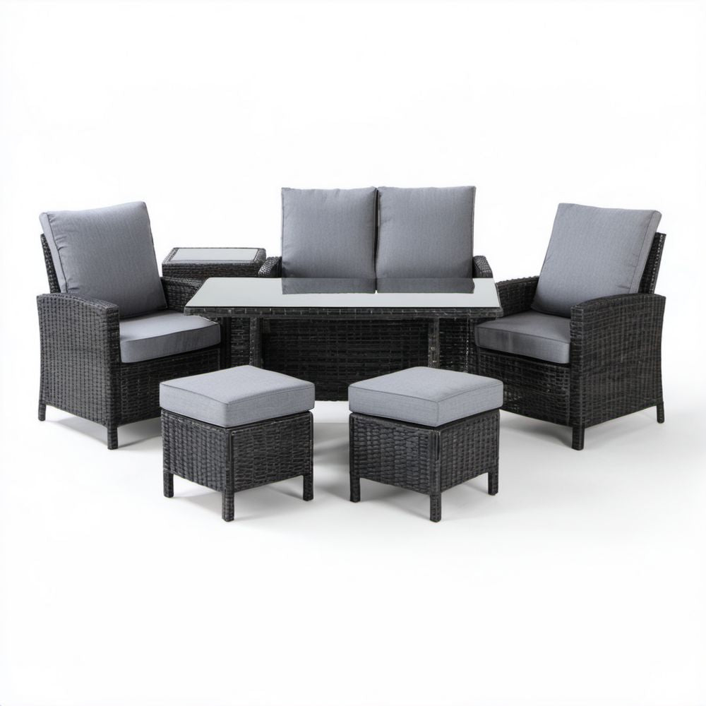 7-częściowy ogrodowy zestaw wypoczynkowy z technorattanu czarno-szary, sofa 130 x 70 x 75 cm